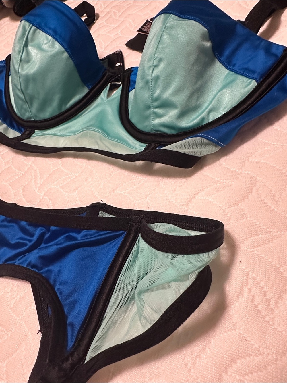 Blue & Teal Mesh Lingerie Bra and Garter Set